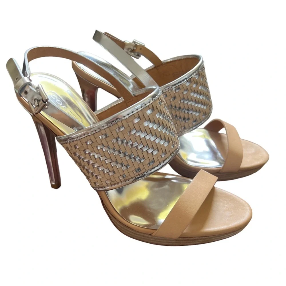 π Coach Silver & Tan Woven Stiletto Sandals β Like New | Size 8 - Picture 2 of 7